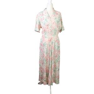 Vintage 80s Carol Anderson cream pink green floral midi shirt dress 4
